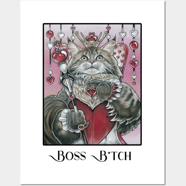 Queen of Hearts Cat - Boss B*tch - Black Outlined Version Wall Art by Nat Ewert Art